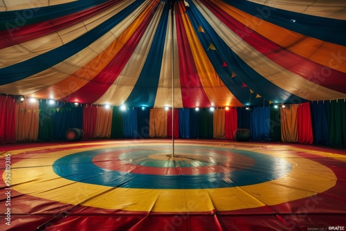 An empty circus ring inside a tent with colorful striped canvas and spotlights highlighting the anticipation of breathtaking acrobat performances