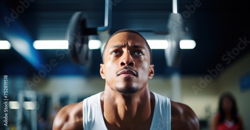 shot of a determined athlete s face  sweat glistening  lifting weights in a state-of-the-art gym
