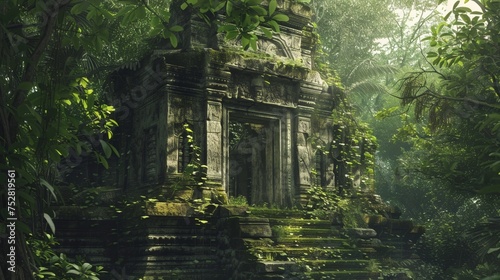 Forgotten temple overgrown with jungle relics of a bygone era peeking through the foliage