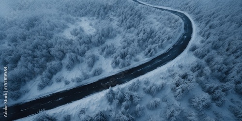 From above, a wintry road lies silent beneath a blanket of snow, a serene white path winding through the landscape
