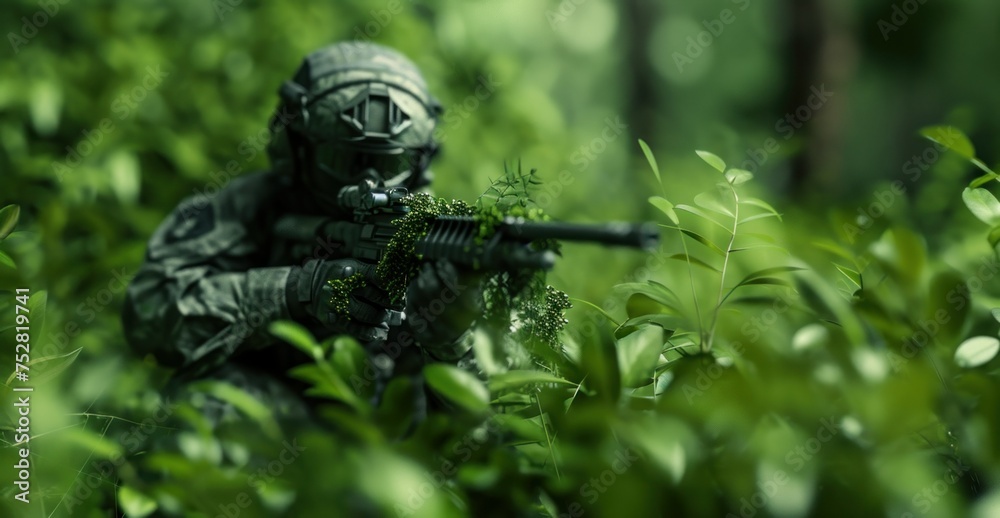 Soldier holding gun crouched and ambushed in the forest