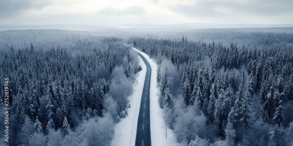 An aerial view reveals a winter road veiled in a pristine layer of snow, a tranquil scene untouched by tire tracks or footprints - obrazy, fototapety, plakaty 