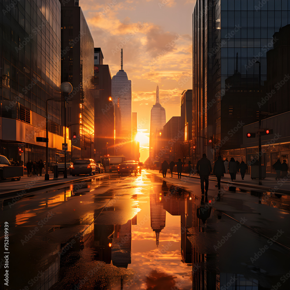 Exploring CityLife: Mesmerizing Sunset Over A Metropolitan Cityscape - obrazy, fototapety, plakaty 