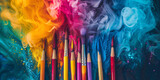 Artistic Smoke and Brushes.
A captivating visual of colorful smoke wafting from a set of paintbrushes, symbolizing the fusion of art and imagination.