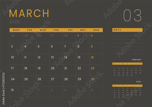 Monthly page Calendar Planner Templates of March 2025. Vector layout of simple calendar with week start Monday for print. Page for size A4 or 21x29.7 cm in dark color