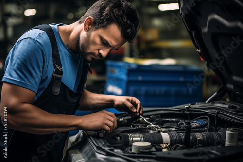 Mechanic repairing a car with open lid in a car service