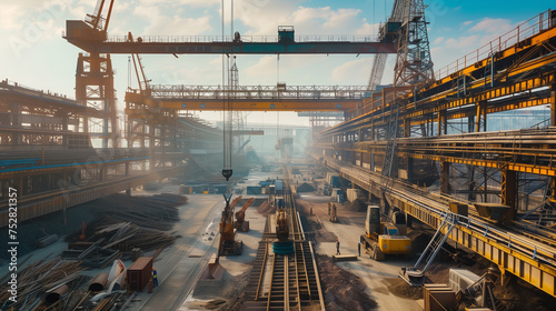 A construction site with a crane and a lot of machinery