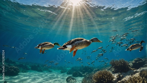 Underwater view of wild ducks swimming and diving down in clear blue ocean water on a sunny day.