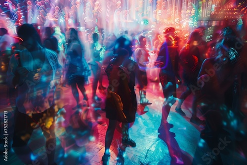 many people dancing in a club, lights mirror ball, trendy motion blur effect with neon colors