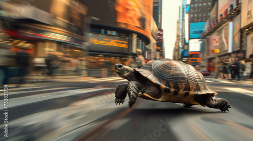 In the midst of a bustling city street, a turtle darts with astonishing speed