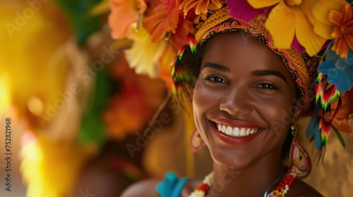 Brazilian woman of African descent, smiling, wearing traditional attire in the old colonial district