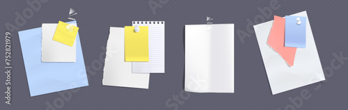 Memo note paper sheets attached with adhesive tape and pins. White and colorful notepad pages and stickers for memory writings. Realistic vector illustration set of frames for bulletin notice.