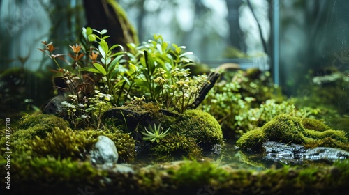the aquatic beauty of a water terrarium featuring aquatic plants, moss, and small decorative stones in a sealed glass environment