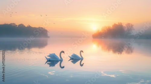 Two swans glide gracefully ...