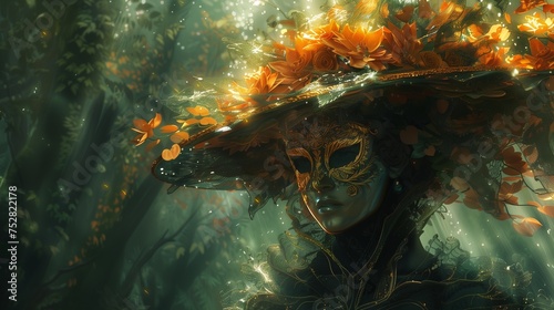 Deep within a mystical forest, a figure emerges from the shadows, adorned in opulent attire fit for a masquerade.4