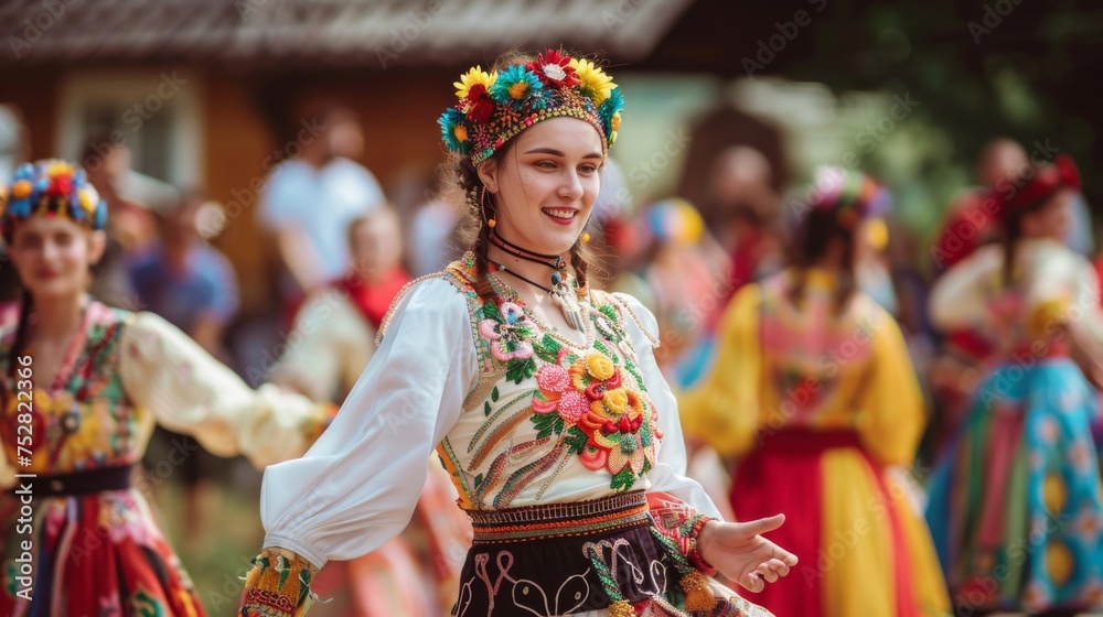 Fototapeta premium A woman in colorful traditional Ukrainian attire dances with joy and grace at a folk festival, celebrating cultural heritage.