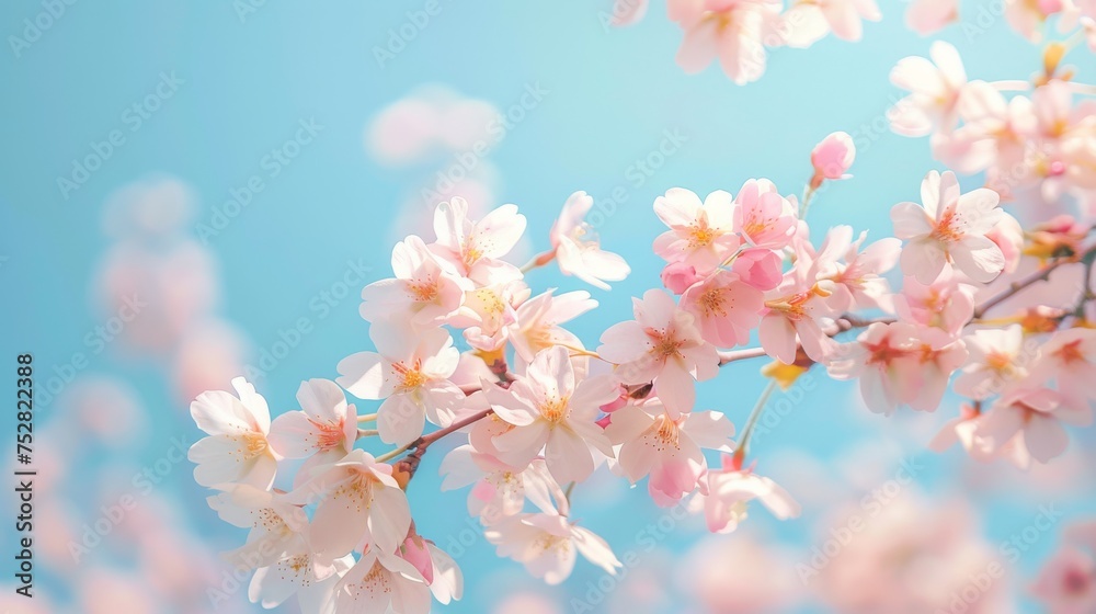Bright pink cherry blossoms flourishing on branches set against a clear turquoise sky, symbolizing the arrival of spring.