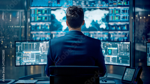 Businessman Sitting at a Desk in a Modern Office, looking at Computer screens, Successful Finance Manager Planning Work Projects.