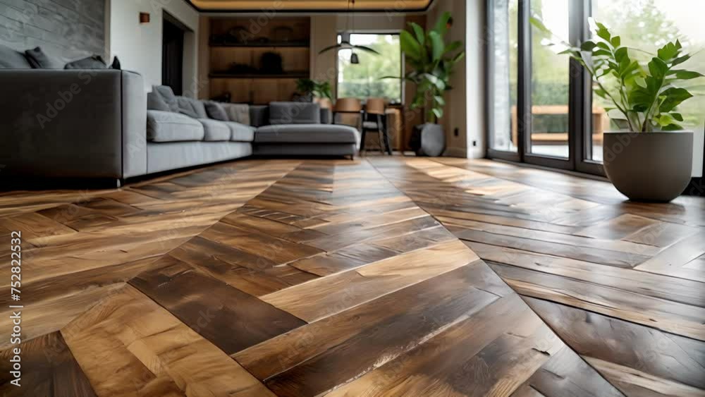 A closeup of a herringbone wood floor in a modern kitchen with contrasting light and dark tones adding depth and texture to the space.