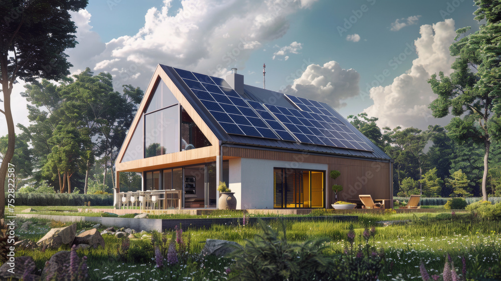 Eco-friendly modern home with solar panels, nestled in a serene landscape.