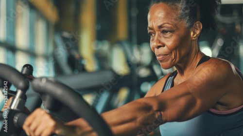 Senior woman focused on her cardio workout on a gym elliptical machine. photo