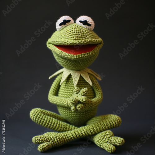 Close-up Photo of Handcrafted Amigurumi Kermit the Frog - Charming Crochet Collectible © ImaginAI