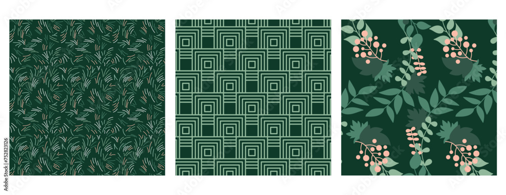 Card with green pattern vector illustration. Set of floral seamless pattern on isolated background. Hand drawn sign concept. Card with green pattern vector illustration. Set of floral seamless pattern on isolated background. Hand drawn sign concept.