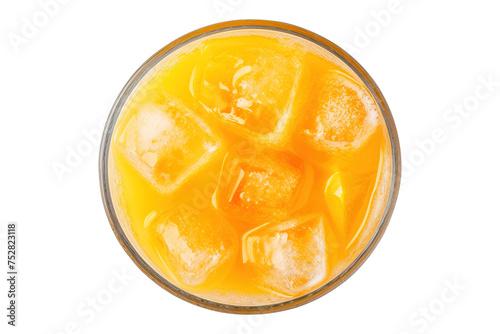 Orange juice with ice cubes in glass top view isolated on transparent background Remove png, Clipping Path, pen tool