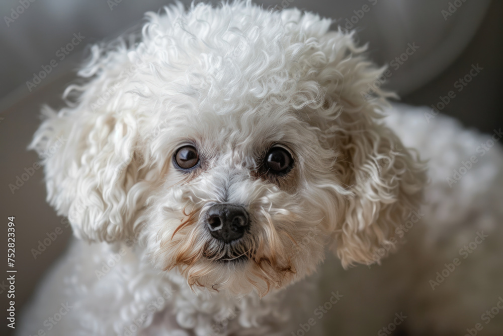 Close-up of a white Bichon Frise dog with curly fur looking directly into the camera with a focused and inquisitive expression. The background is softly blurred. Close-up of a white Bichon Frise dog with curly fur looking directly into the camera with a focused and inquisitive expression. The background is softly blurred.