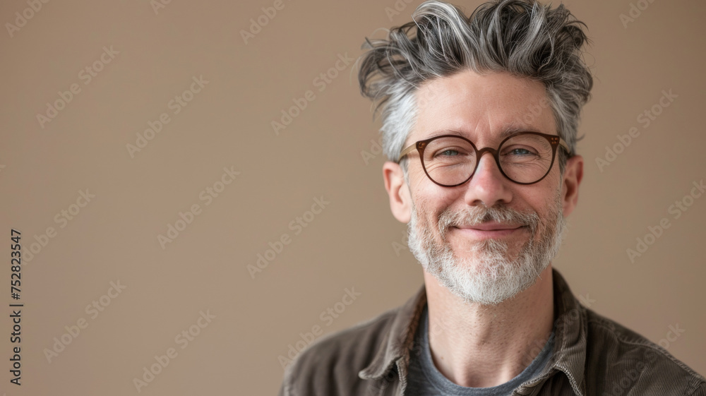 Obraz premium Mature man with silver hair and glasses, his gentle smile speaks of wisdom and contentment.