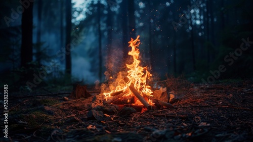 A blazing campfire illuminates the dark night within a forest.