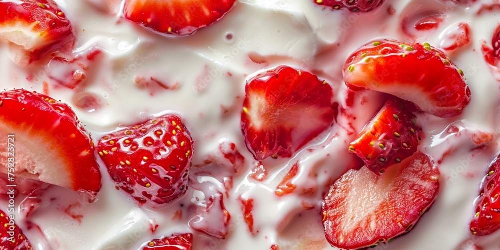 Fototapeta premium Yogurt texture close-up, macro with strawberries. Minimal food banner, background, wallpaper