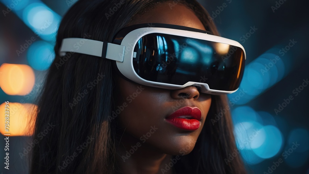 Beautiful black girl in virtual reality goggles, futuristic background Beautiful black girl in virtual reality goggles, futuristic background