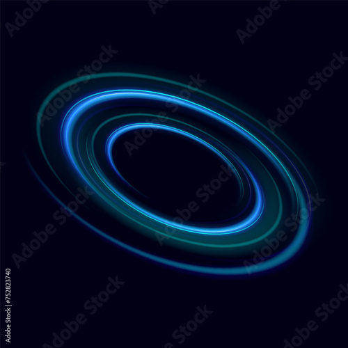 Neon swirl. Curve blue line light effect. Abstract ring background with glowing swirling background. Energy flow tunnel. Blue portal, platform. Magic circle vector. Luminous spiral. round frame