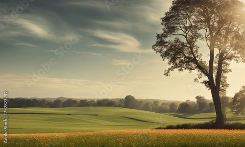 Beautiful landscape with a tree in the middle of a meadow on a hazy morning