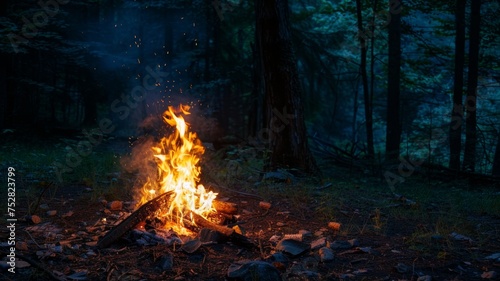 A blazing campfire illuminates the dark night within a forest.