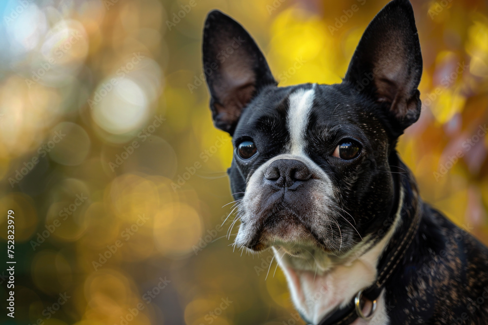 Boston Terrier with a bokeh autumn backdrop.