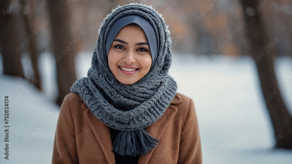 Happy hijab woman wear winter clothes, winter style photoshoot Happy hijab woman wear winter clothes, winter style photoshoot