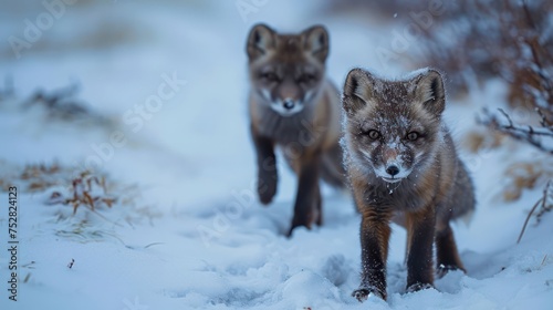 the playful interactions of arctic fox pups frolicking in the snow, exuding a sense of innocence and joy in their icy habitat