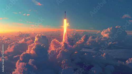 A rocket is soaring through the atmospheric phenomenon of clouds in the dusky afterglow of sunset, symbolizing innovation and air travel