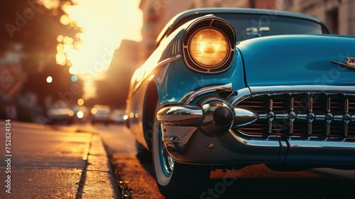Classic american car from the fifties Low angle view showing cyan paint and chrome fender and grill © Ruslan Gilmanshin
