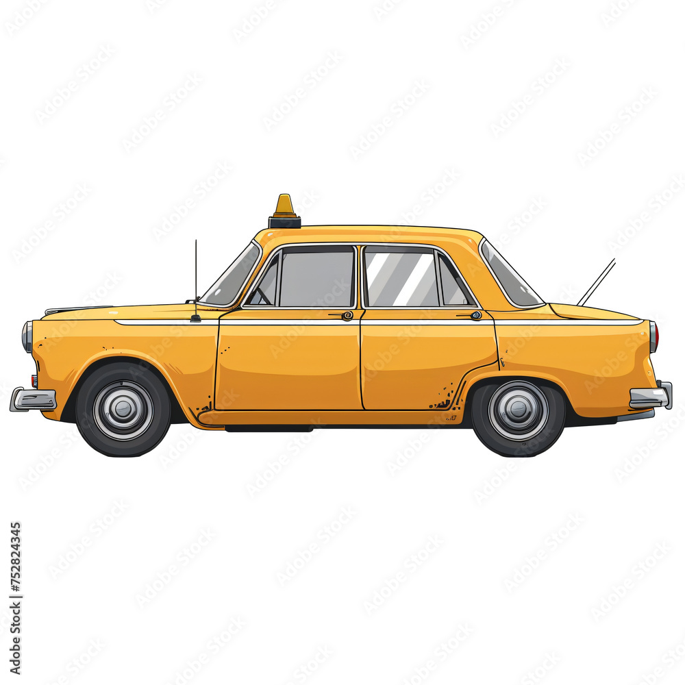 Classic yellow taxi car with checkered detail. Retro cab illustration isolated on transparent background PNG. Urban transportation concept for design and print.
