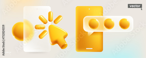 Speech bubble symbol with realistic 3D cursor, loading icon and spheres. Transparent plastic feedback UI element. Arrow icon glass overlay effect. Vector cartoon style pastel tone illustration.