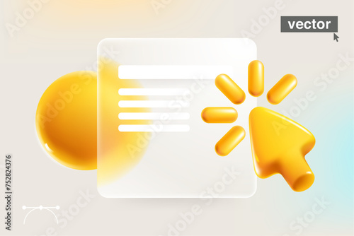 Transparent presentation screen in Glassmorphism style with realistic 3D cursor, loading icon and spheres. Mate glass arrow with blur effect. UI set with glass overlay effect. Vector cartoon art.