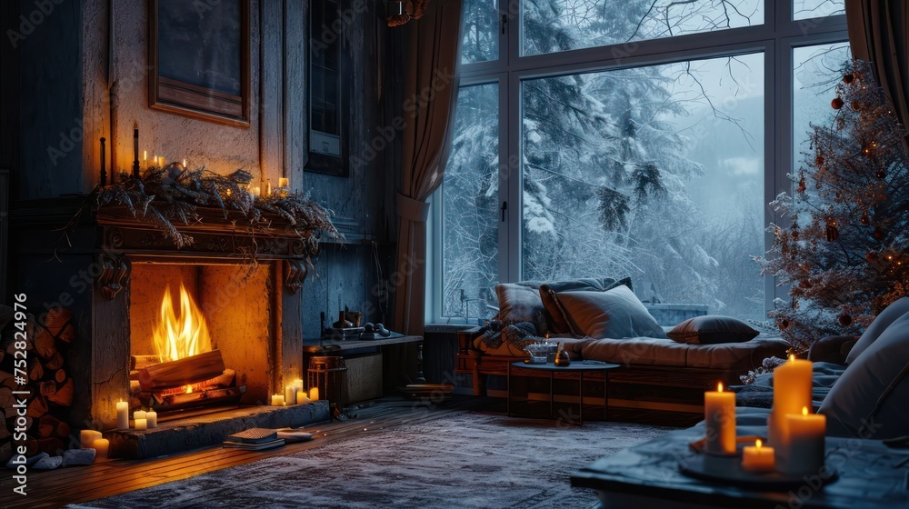 the warmth of a cozy winter retreat with the soft glow of fireplace and candlelight, creating a snug and inviting atmosphere the warmth of a cozy winter retreat with the soft glow of fireplace and candlelight, creating a snug and inviting atmosphere