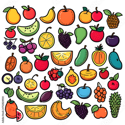 doodle icon set of colorful fruits, vector graphic on white background.
