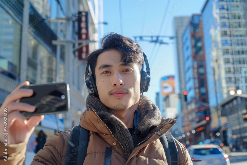 Young ethnic male with headphones using smartphone in the city
