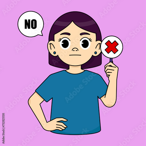 The girl says NO, holds a red cross sign. Sign of disagreement