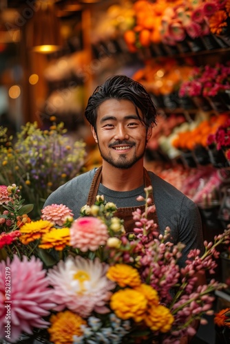 Asian man in among flowers, florist, seller or buyer in flower shop © Tetiana Kasatkina