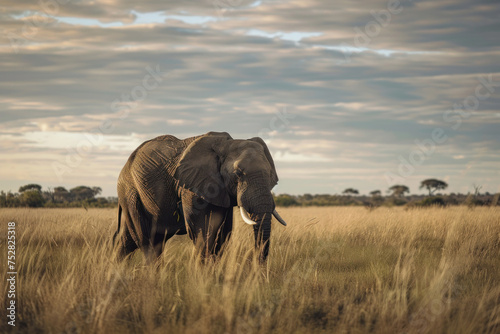  Elephant roaming the savannah at dusk.